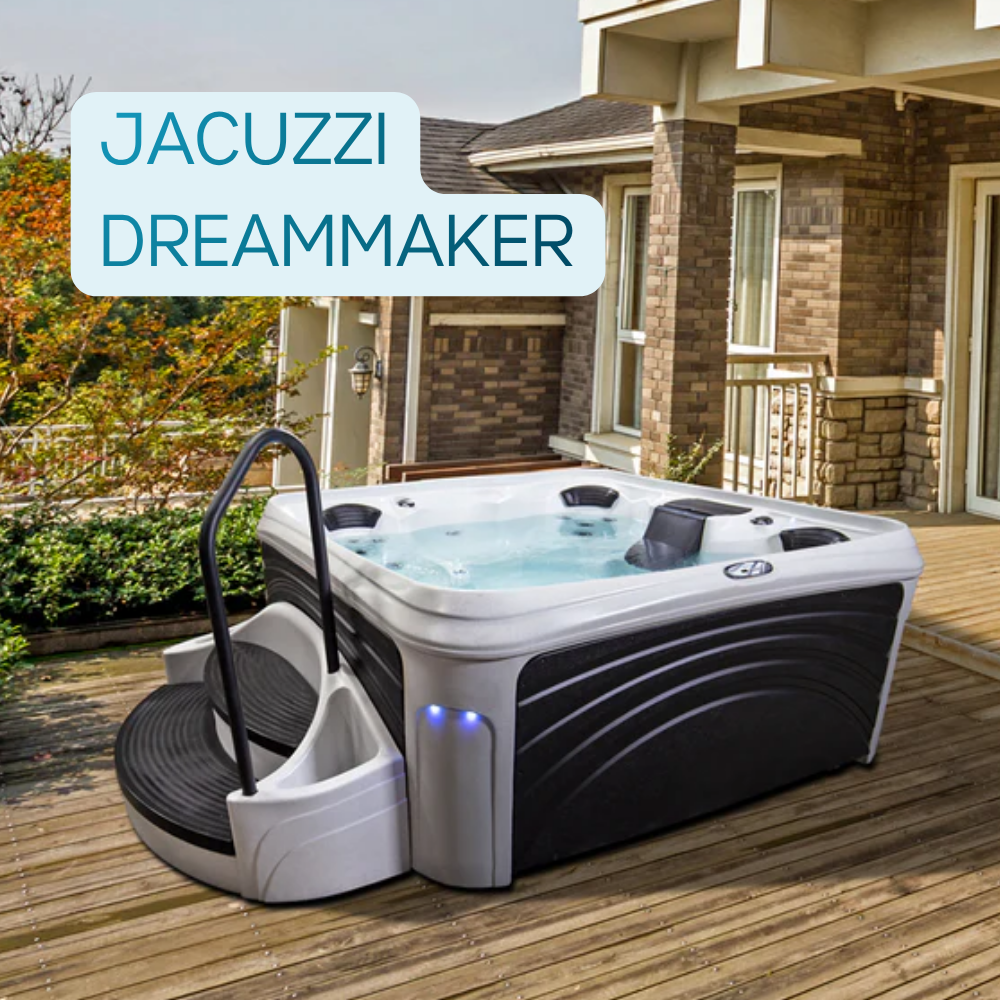Jacuzzi DreamMaker hot tub on a residential deck outside a coastal home