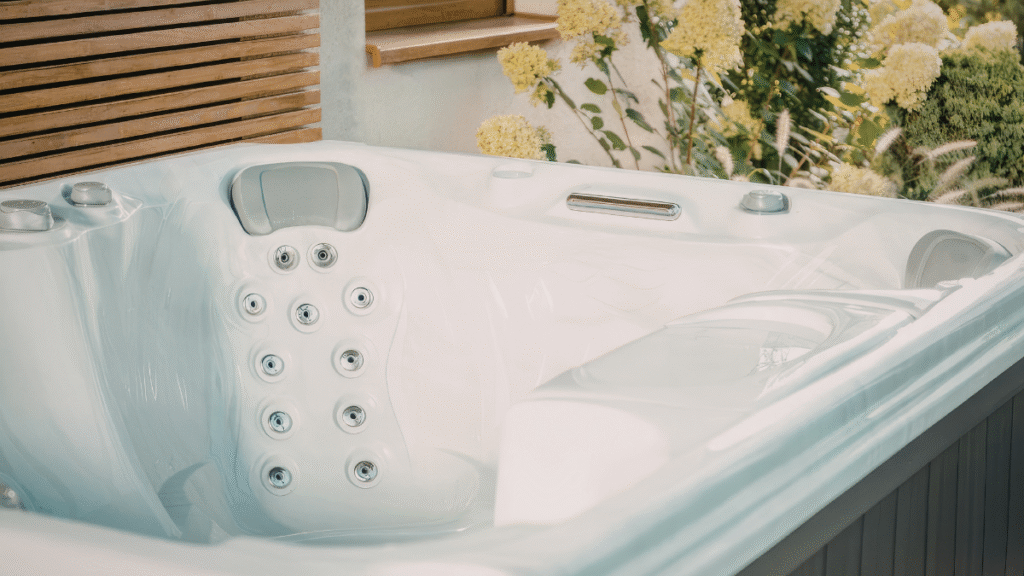 Close-up of a new luxury hot tub on display, representing in-stock spa inventory available at current pricing for Brunswick County homeowners in 2026.