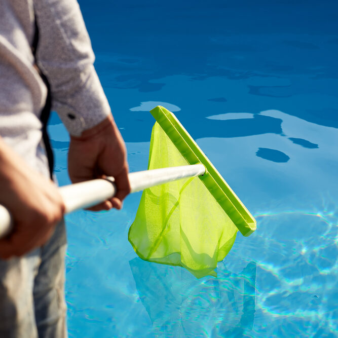 Man with skimmer net equipment cleaning swimming pool from rubbish. Male removes garbage from the water with a sap. Service and maintenance of the pool. Swimming pool cleaning service. Hotel cleaner.