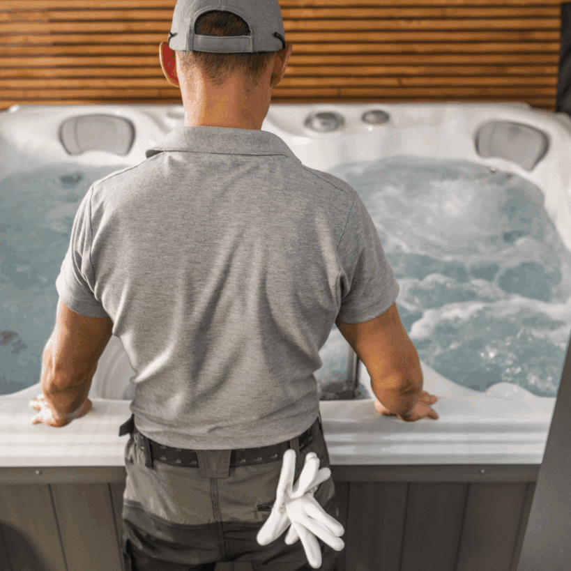 Hot tub maintenance man looking down at a hot tub