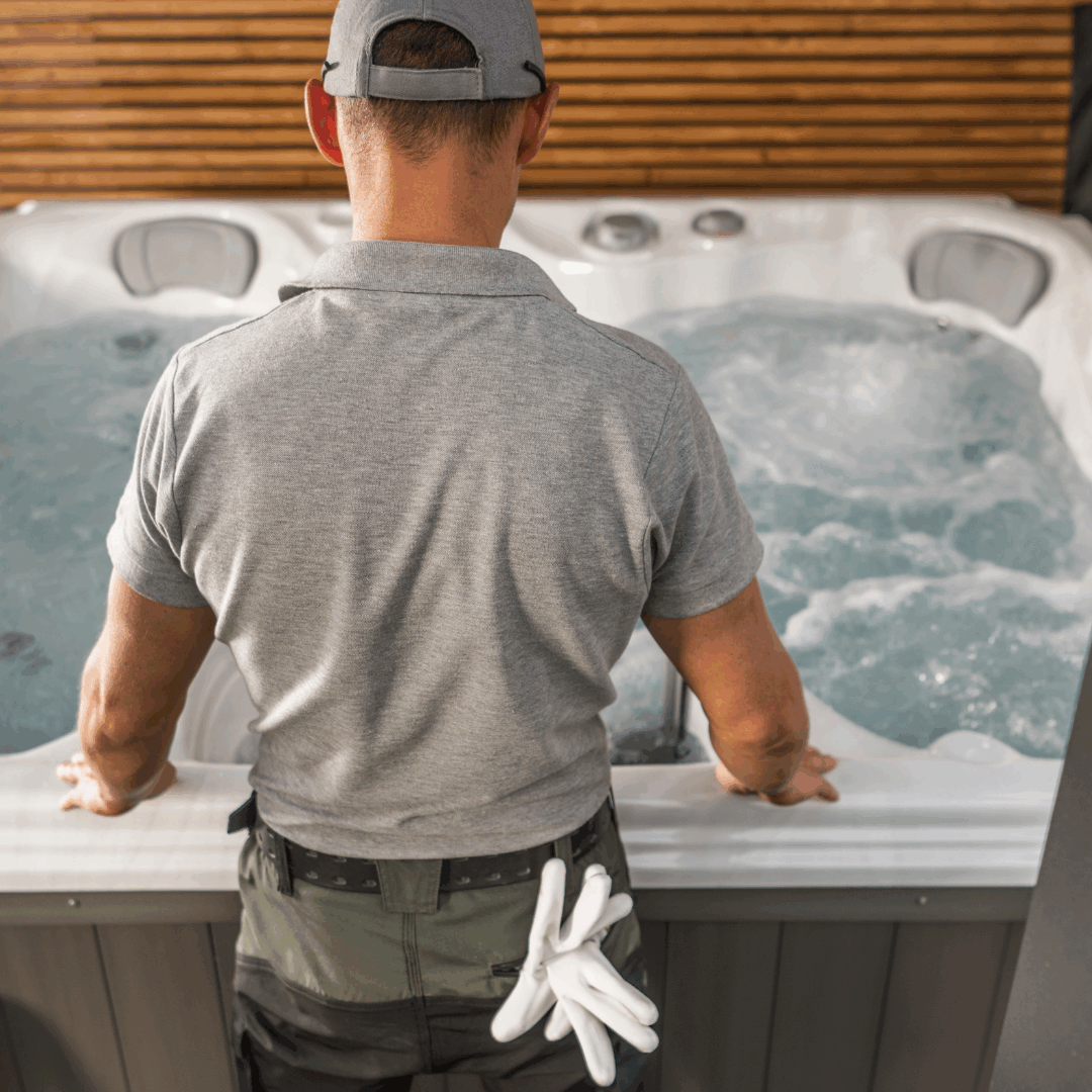Hot tub maintenance man looking down at a hot tub